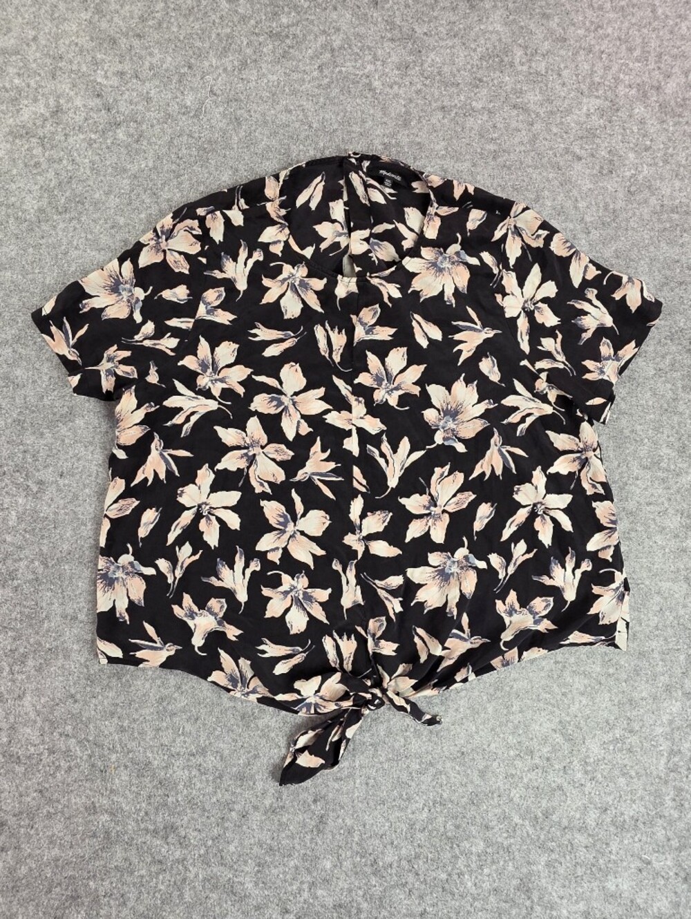 Madewell Black Floral Tie-Hem Short Sleeve Blouse Flowy Top 100% Silk